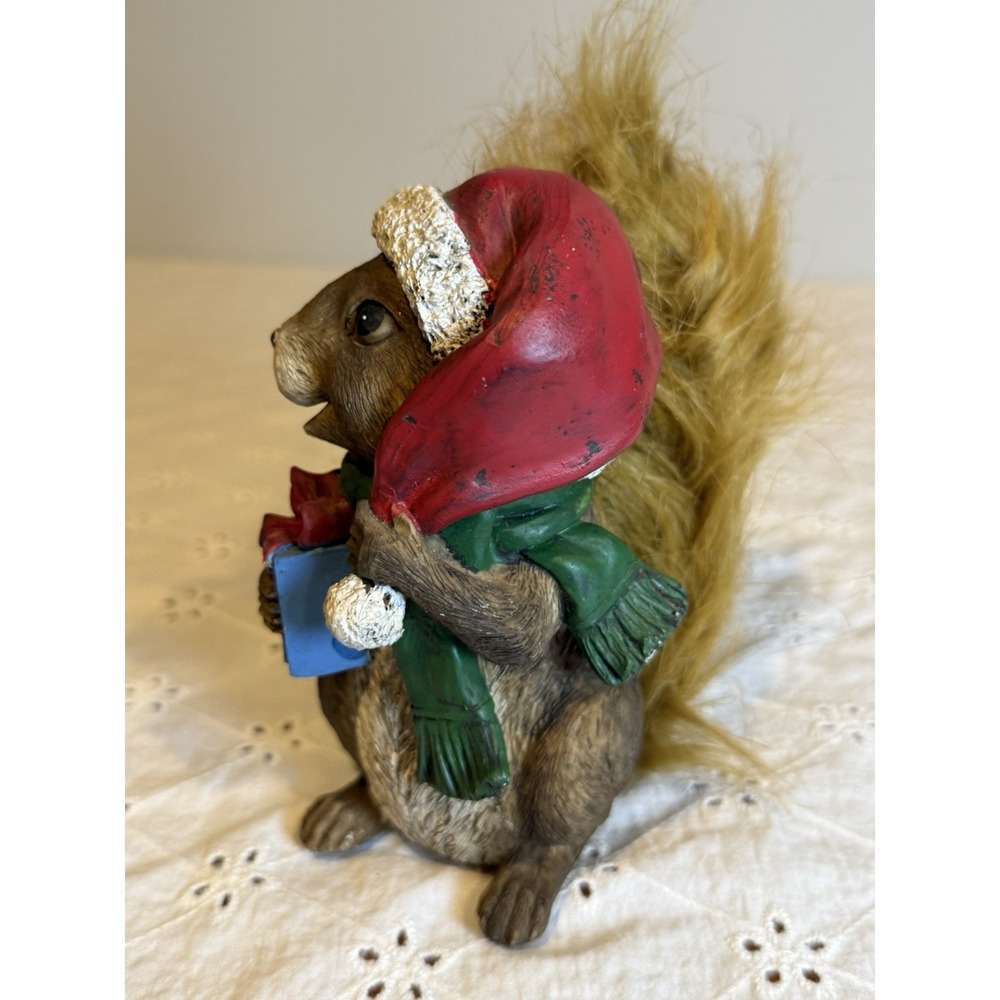 Holiday Squirrel Figure 5" – Santa Hat & Gift – Faux Fur Tail – Christmas‎ Decor - Picture 3 of 7